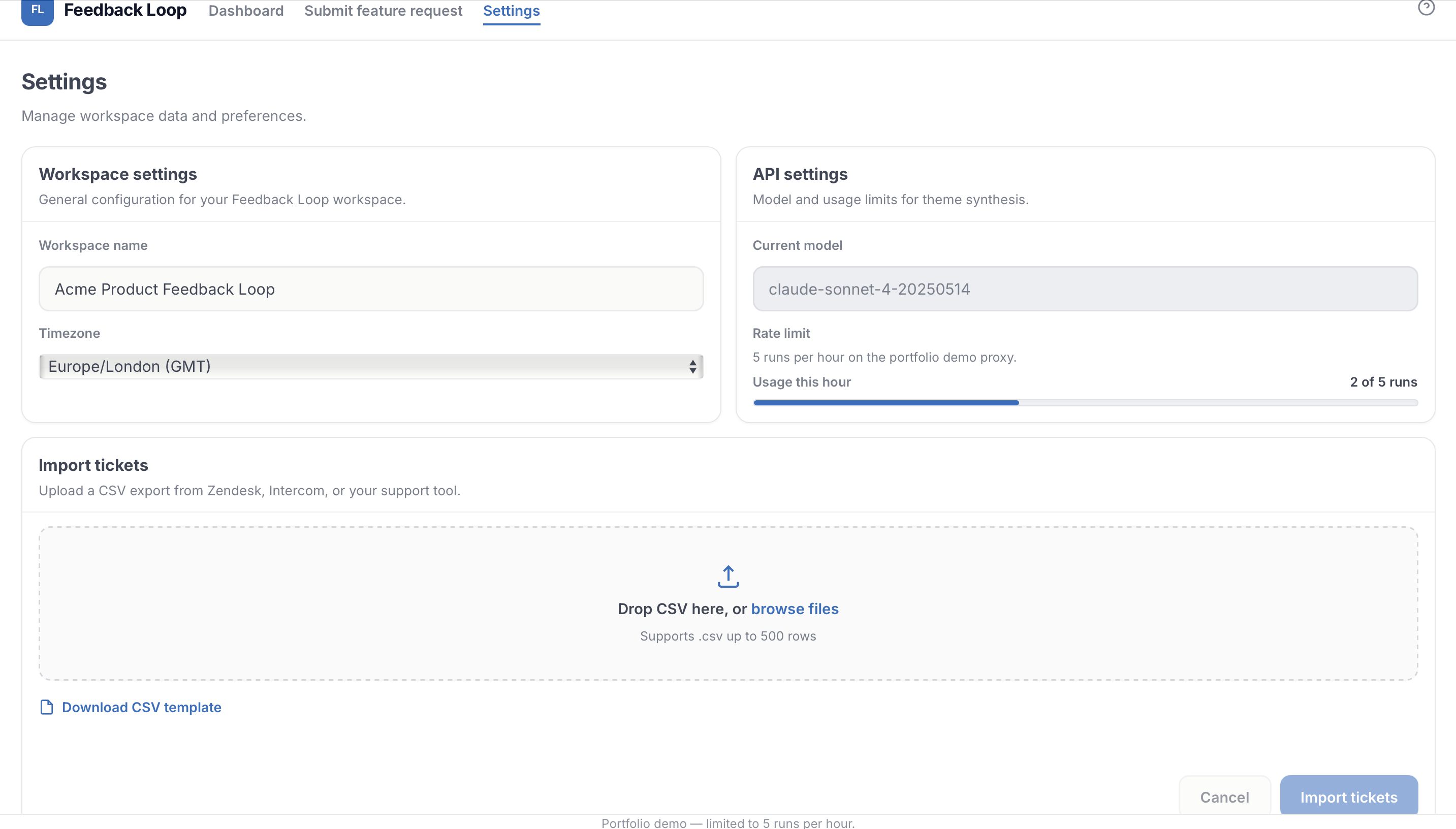 Feedback Loop settings showing CSV ticket import and model usage controls