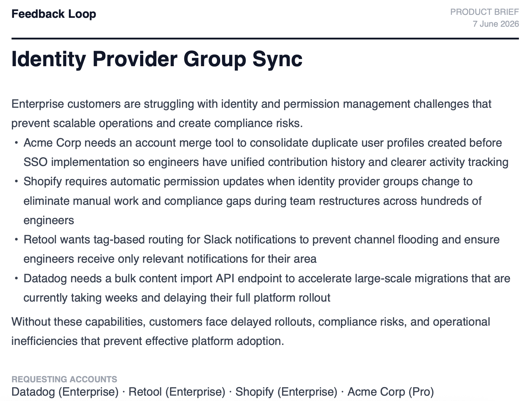 Exported Feedback Loop product brief for an identity provider group sync theme